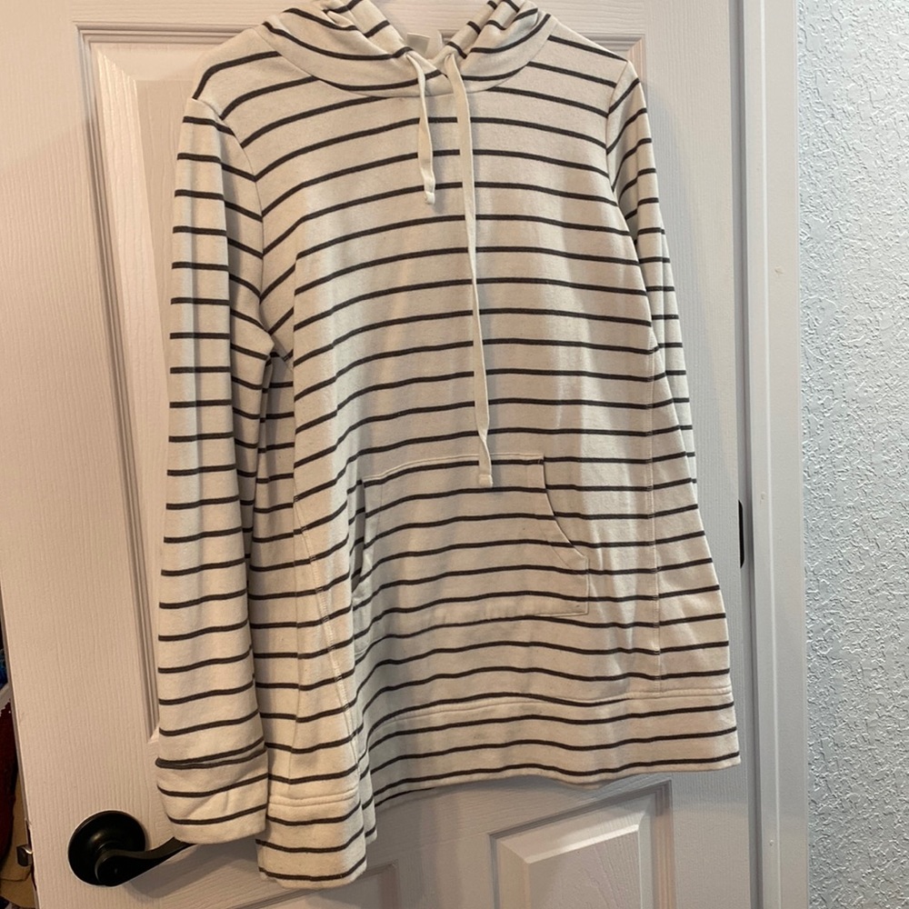 Cream and dark grey striped sweatshirt with minor pilling